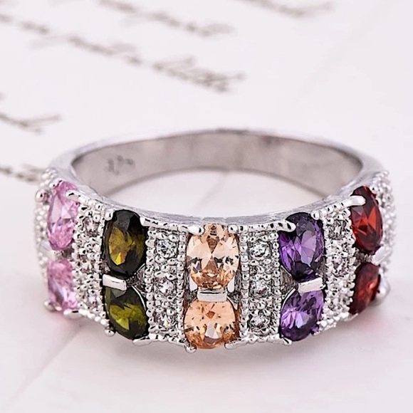 PLATINUM  RAINBOW ZIRCON RING PROMISE CZ BAND RING - Picture 1 of 9